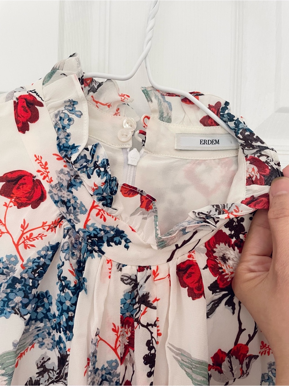 ERDEM Silk White Floral Ruffle-Neck Jumpsuit with Red & Blue Blooms